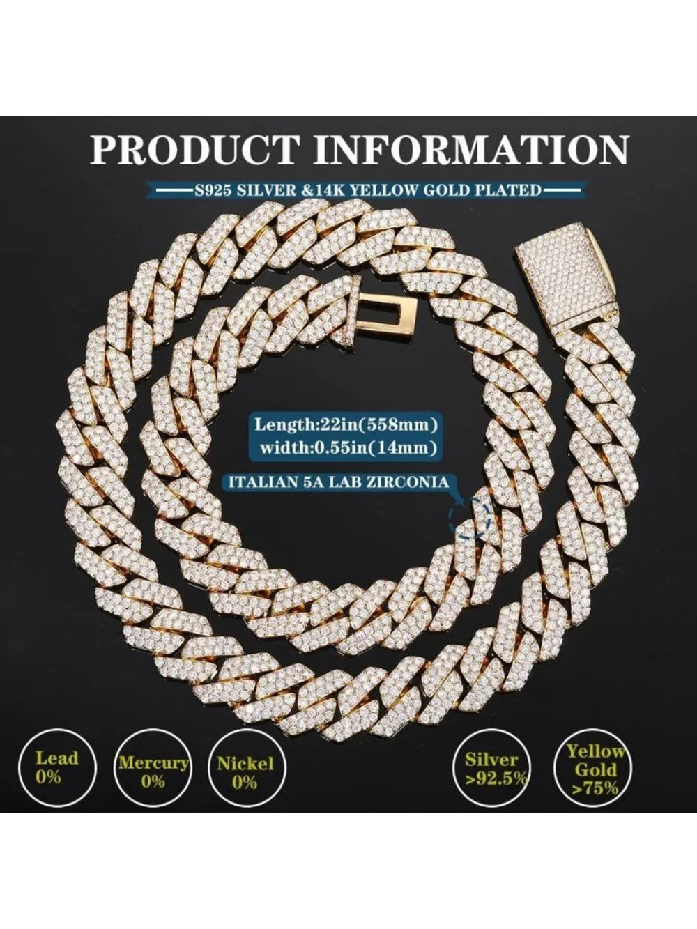Men's Yellow Gold 14mm Iced Out Cuban Chain 5a+ Cz 14k White Gold Plated Jewelry